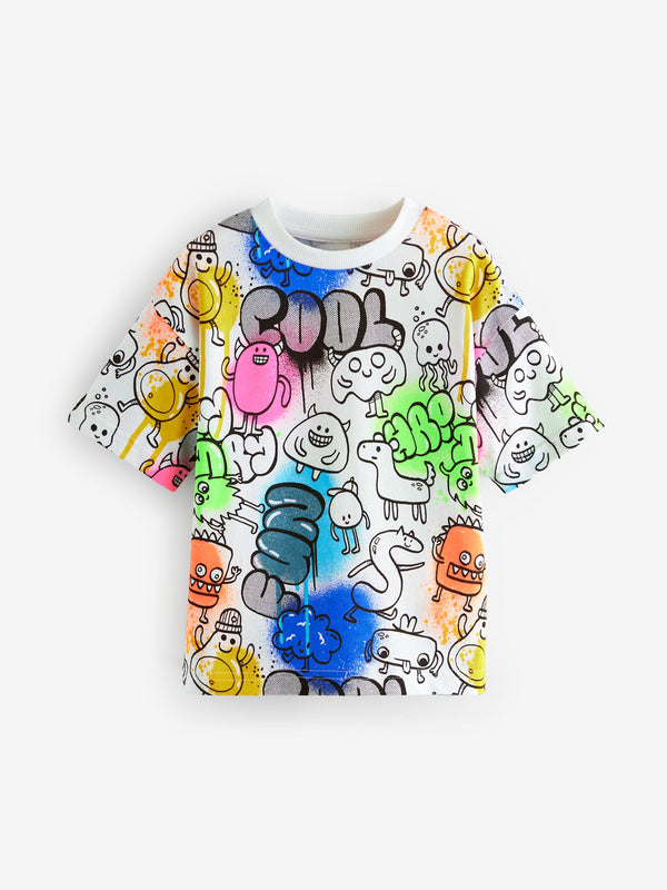 White Short Sleeve 100% Cotton Graffiti T-Shirt (3mths-7yrs)