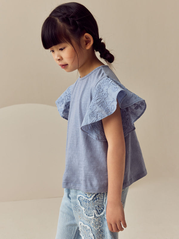 Blue Cornelli Frill Sleeve 100% Cotton T-Shirt (3-16yrs)