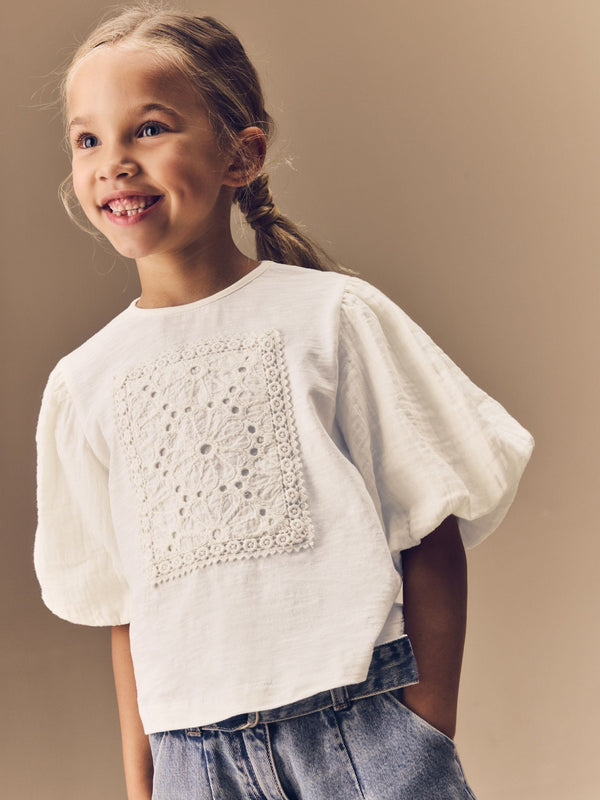 Ecru 100% Cotton Puff Sleeve Crochet T-Shirt (3-16yrs)