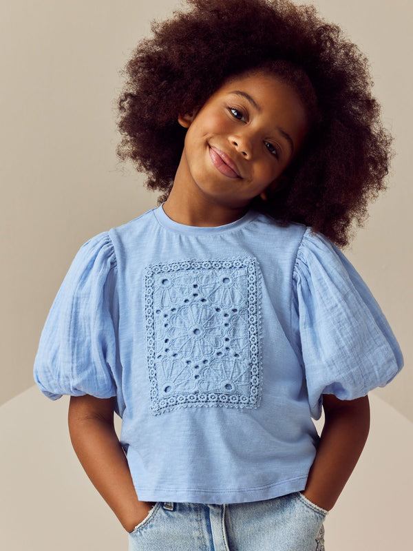 Blue 100% Cotton Puff Sleeve Crochet T-Shirt (3-16yrs)