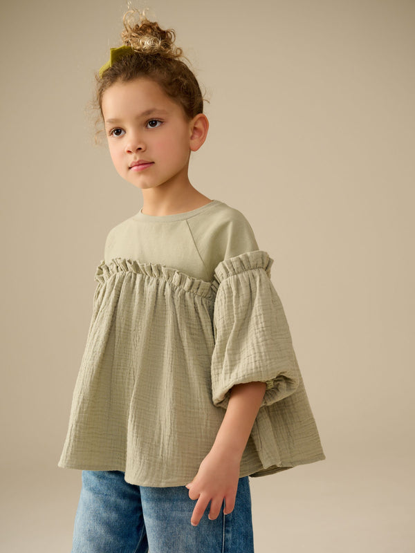 Khaki Green 100% Cotton Puff Sleeve Peplum T-Shirt (3-16yrs)