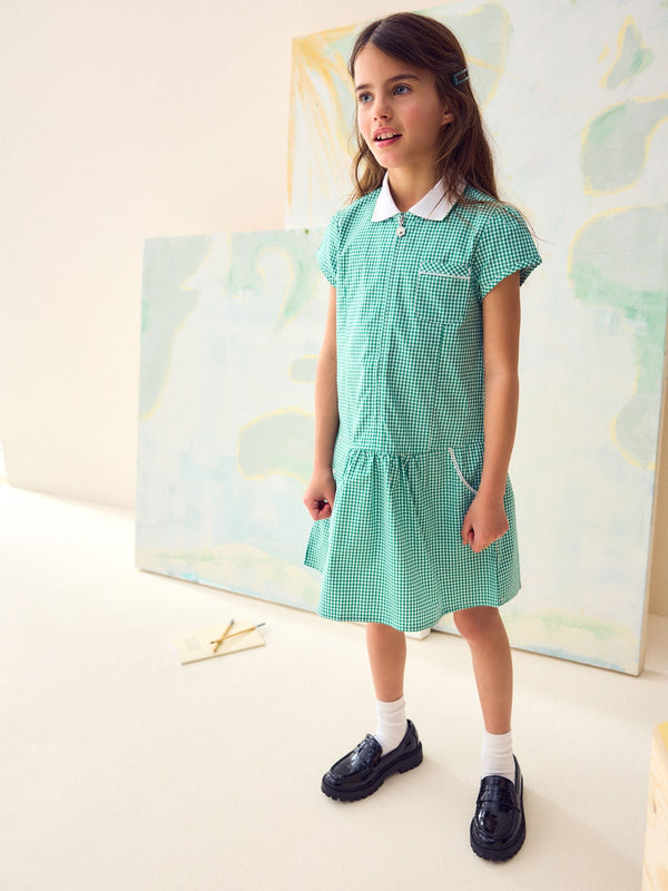 Green Zip Front Cotton Rich Gingham School Dress (3-14yrs)