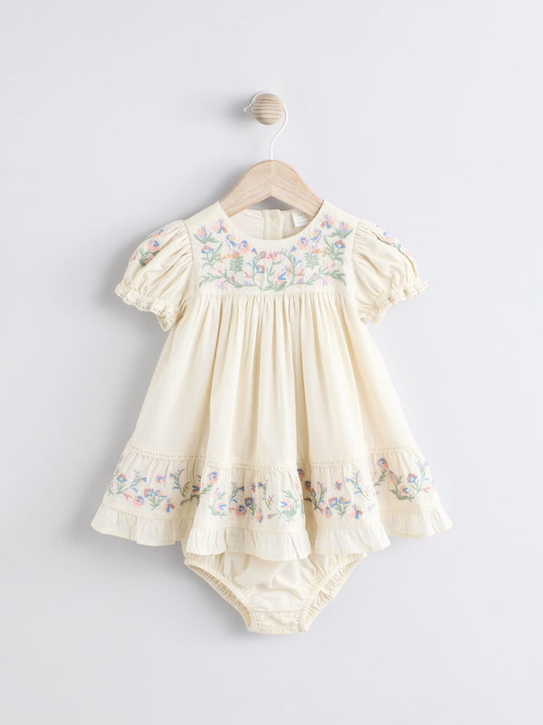 Cream Floral Embroidered Baby 100% Cotton Dress (0mths-2yrs)