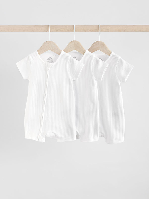 White Baby Two Way Zip 100% Cotton Rompers Sleepsuits 3 Pack (0mths-3yrs)