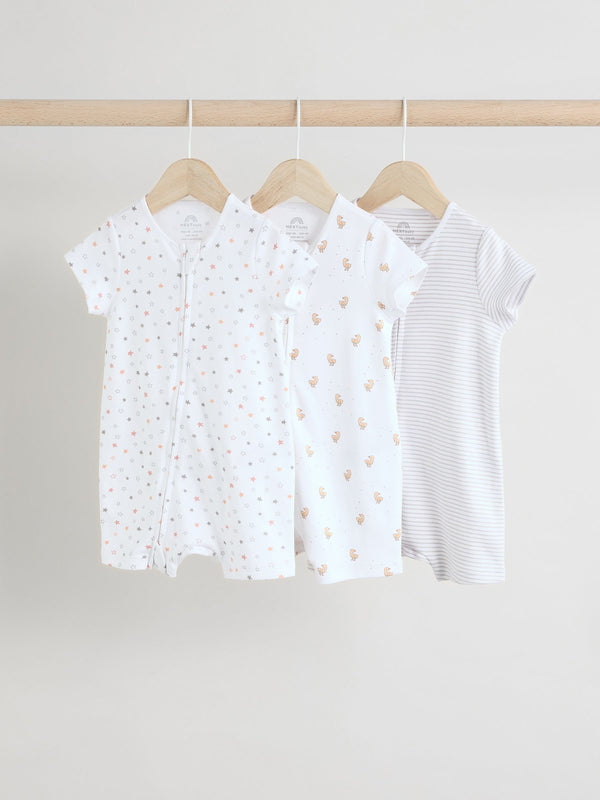 White 100% Cotton Two Way Zip Romper Sleepsuits 3 Pack (0mths-3yrs)