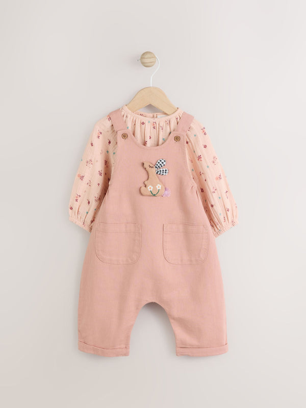 Tan Brown Wadded Character Long Sleeve Bodysuit & Baby Dungaree Set (0mths-3yrs)