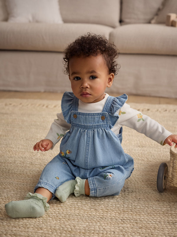 Blue Denim Embroidered Flowers Baby Long Sleeve Bodysuit & Dungarees Set (0mths-2yrs)