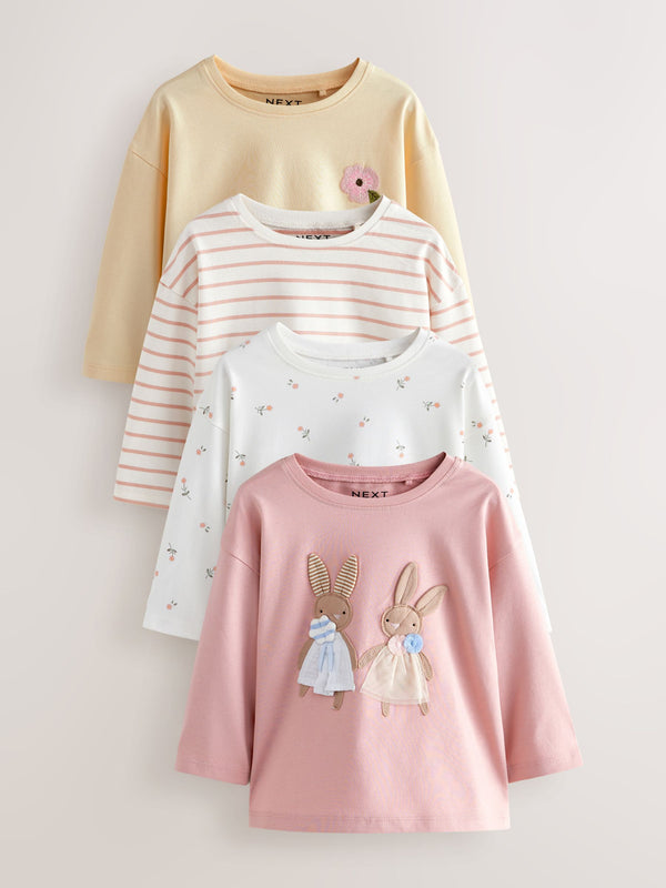 Pink/White 4 Pack Bunny Embroidered Long Sleeve T-Shirts (3mths-7yrs)