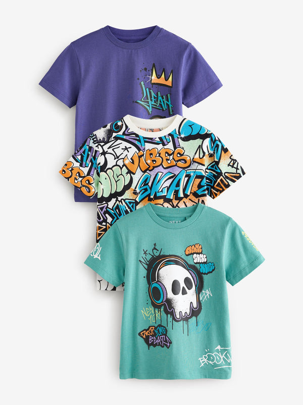 Purple/Green Regular Fit Graphic Print Short Sleeve T-Shirts 3 Pack (3-16yrs)