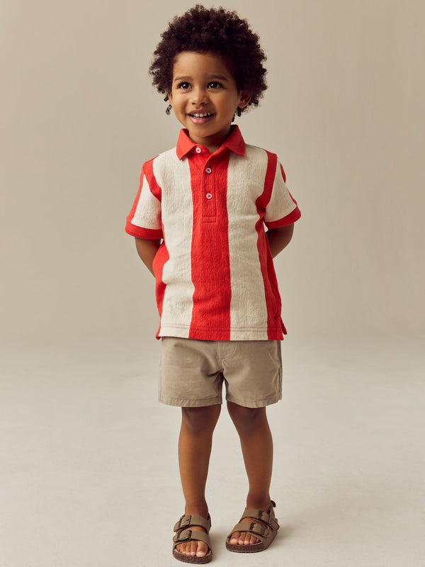 Red/White Stripe 100% Cotton Short Sleeve Textured Polo Shirt (3mths-7yrs)