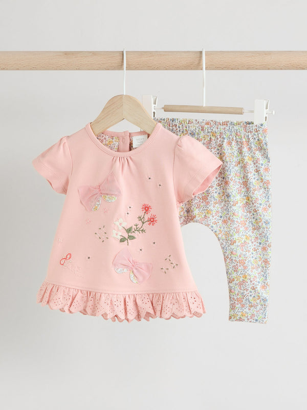 Pink Floral Bow 2 Piece Short Sleeve Top & Legging Set