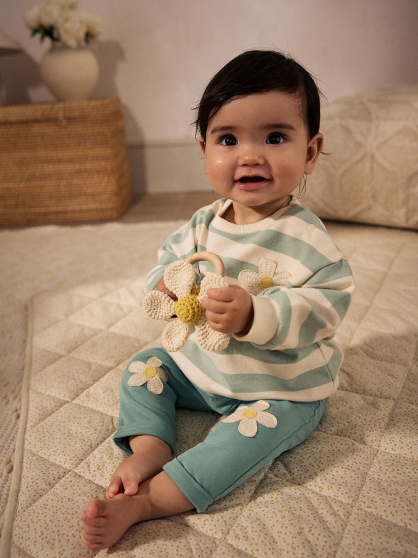 Green/ White Stripe Flower Sweater and Leggings Set