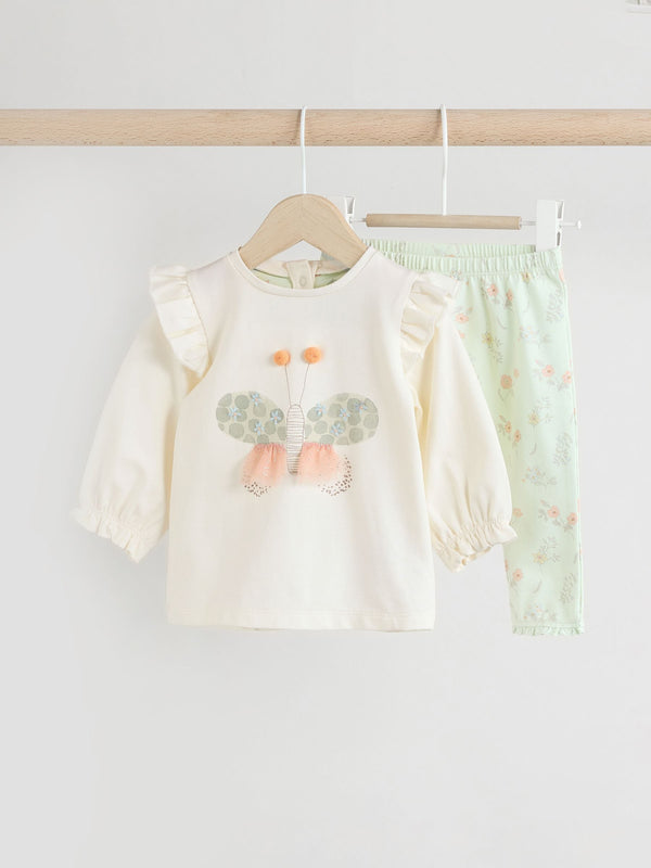 White and Sage Green Butterfly Baby Long Sleeve Top And Leggings Set