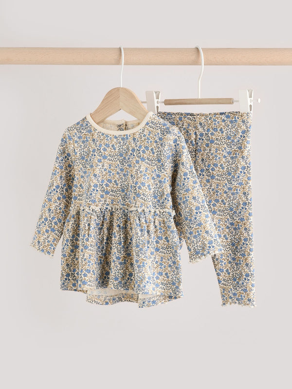 Blue Ditsy Floral Long Sleeve Baby Frill Top And Leggings Set (0mths-2yrs)