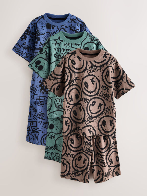 Multi Graffiti 100% Cotton Short Pyjamas 3 Pack (4-16yrs)