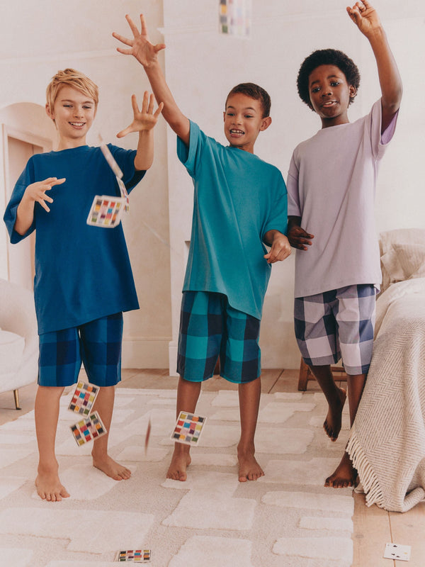 Purple/Teal/Blue Check Woven Check Short Pyjamas 3 Pack (3-16yrs)