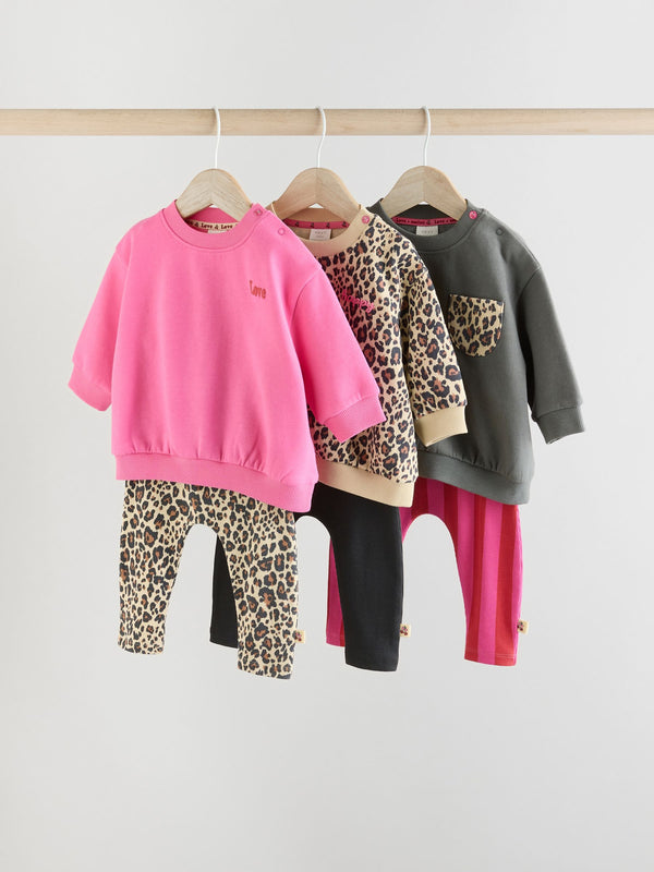 Pink/Grey/Leopard Print Sweat Top and Leggings 3 Pack Set