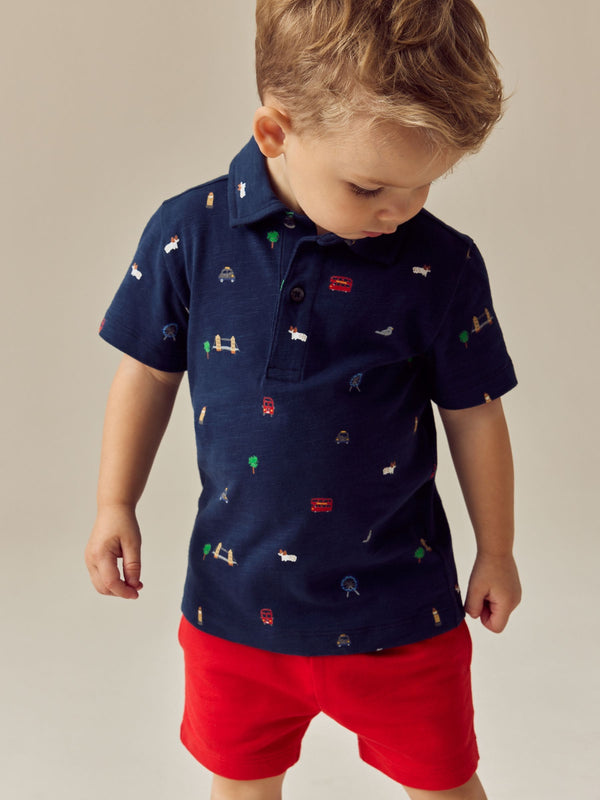 Navy London All Over Print Short Sleeve Polo Shirt And Shorts Set (3mths-7yrs)