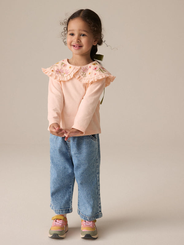 Coral Pink Flower Embroidery Long Sleeve Collar Top (3mths-7yrs)