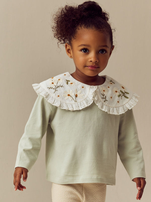 Green Flower Embroidery Long Sleeve Collar Top (3mths-7yrs)