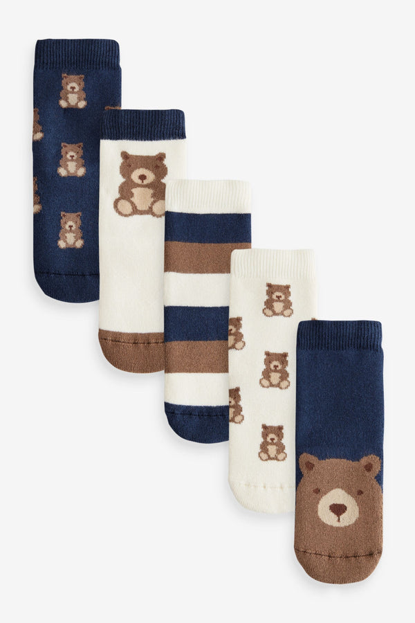 Navy/Ecru Bear Cosy Terry Cotton Rich Socks 5 Pack