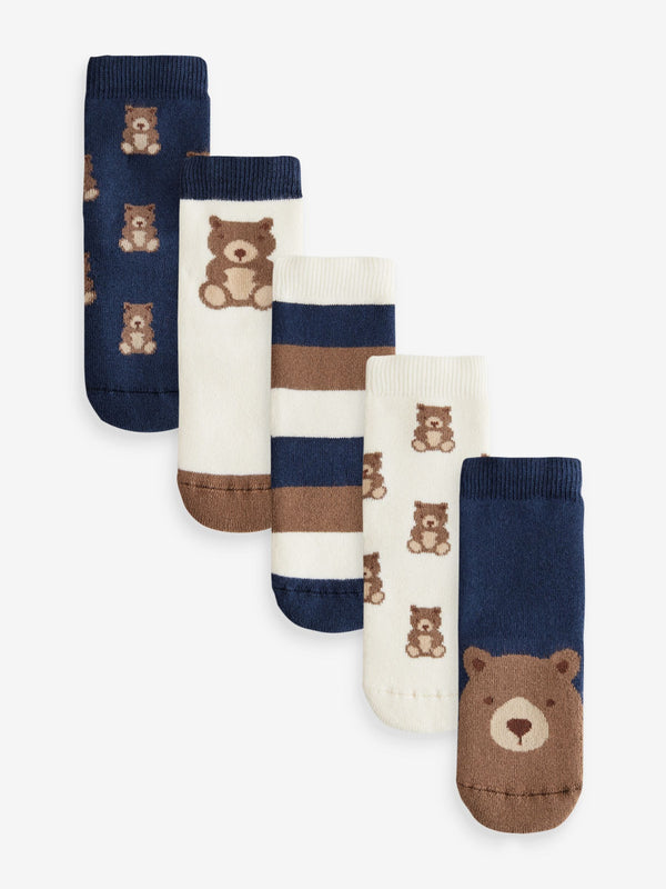 Navy/Ecru Bear Cosy Terry Cotton Rich Socks 5 Pack