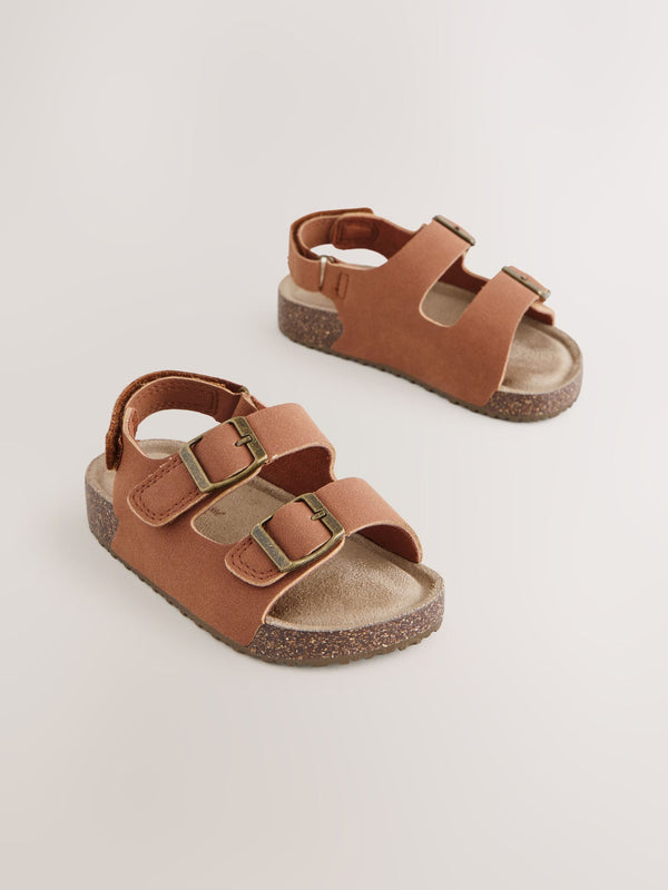 Tan Brown Standard Fit (F) Double Buckle Cushioned Footbed Sandals