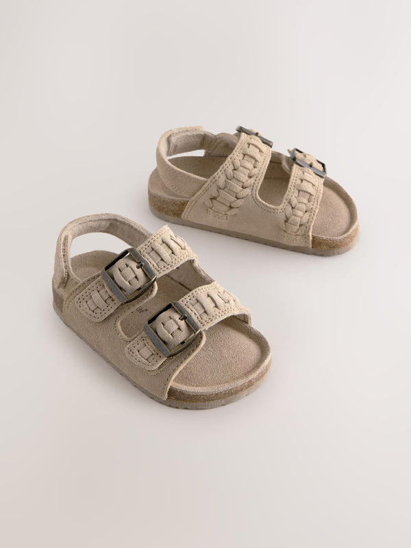 Stone Woven Suede Leather Double Buckle Cushioned Footbed Sandals