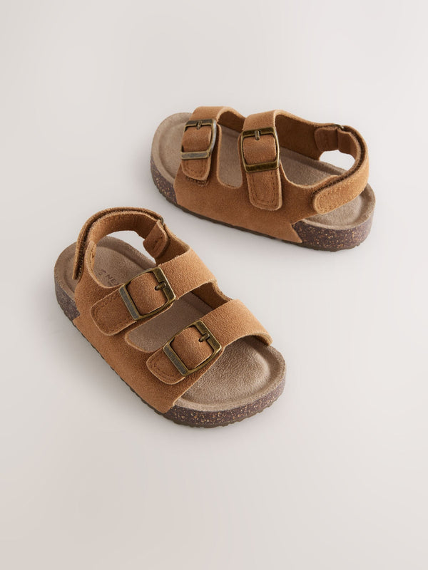 Tan Brown Standard Fit (F) Suede Leather Double Buckle Cushioned Footbed Sandals