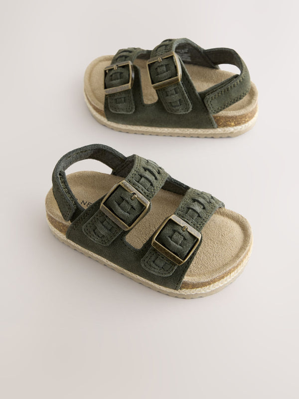 Khaki Green Standard Fit (F) Suede Leather Double Buckle Cushioned Footbed Sandals