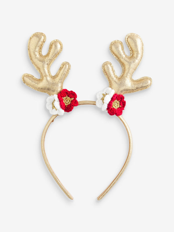 Brown Metallic and Crochet Flower Christmas Antlers