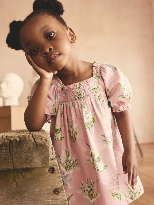 Pink Floral Print Puff Sleeve 100% Cotton Summer Dress (3mths-8yrs)