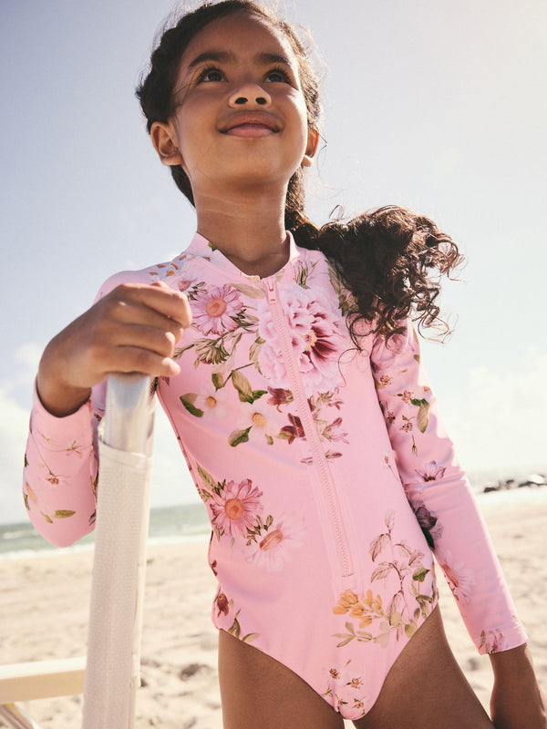 Pink Floral Long Sleeved Swimsuit (3-16yrs)