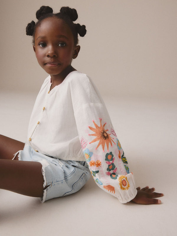 White Embroidered 100% Cotton Blouse (3-16yrs)