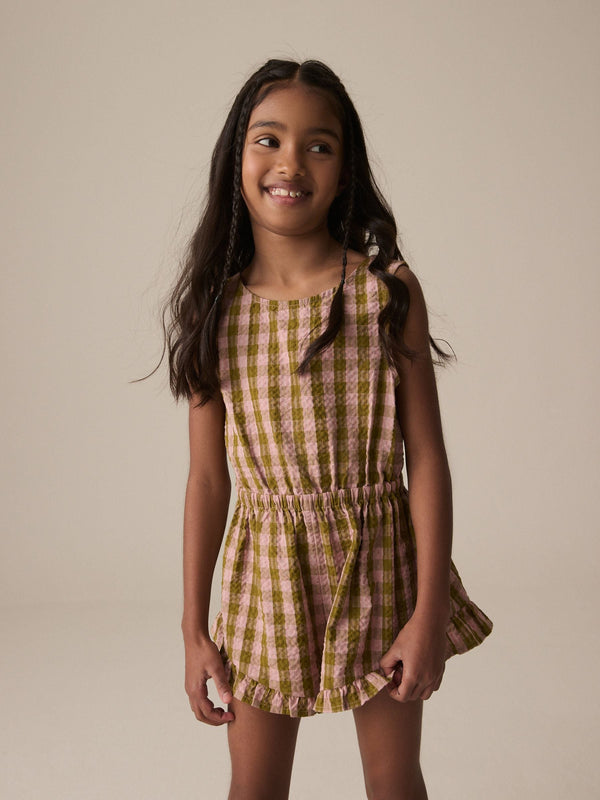 Pink/Khaki Gingham Bow Detail Playsuit (3-16yrs)