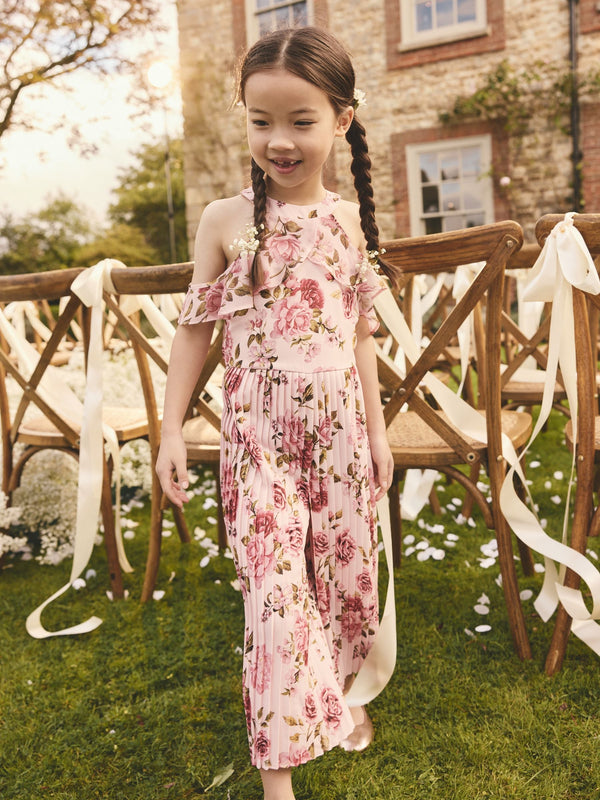 Pink Floral Cold-Shoulder Jumpsuit (3-16yrs)