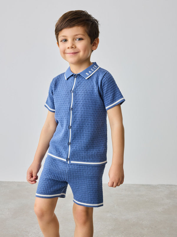 Baker by Ted Baker Blue Knitted Textured Shirt and Shorts Set