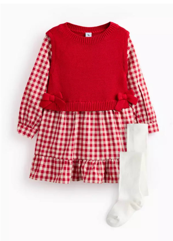 Tu Red Knitted Tank Gingham Dress & Tights