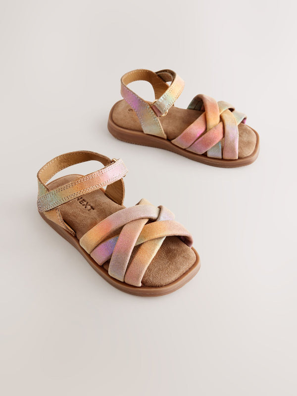 Multi Metallic Standard Fit (F) Leather Woven Sandals With Touch Fastening