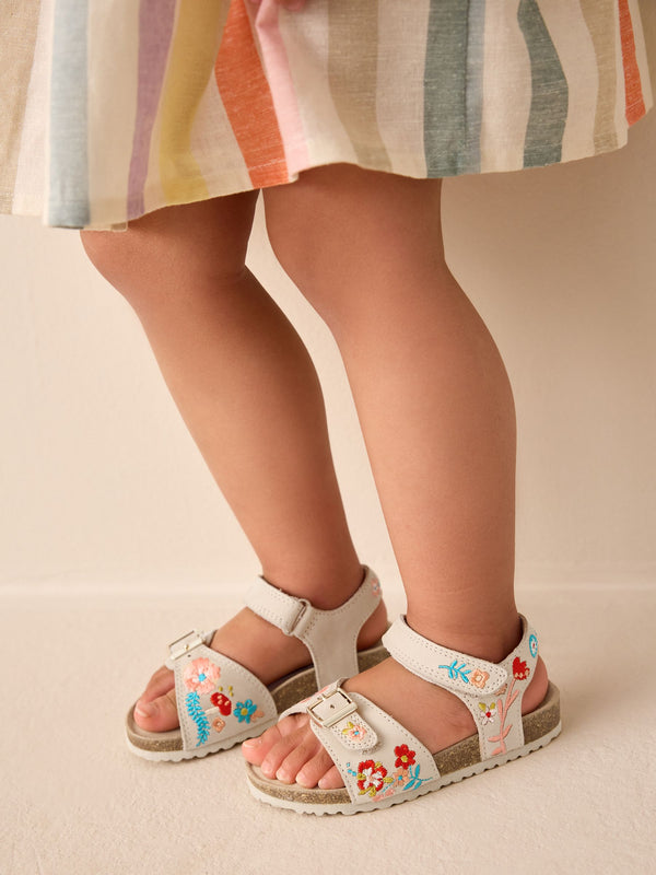 Neutral Leather Embroidery Standard Fit (F) Touch Fastening Corkbed Sandals