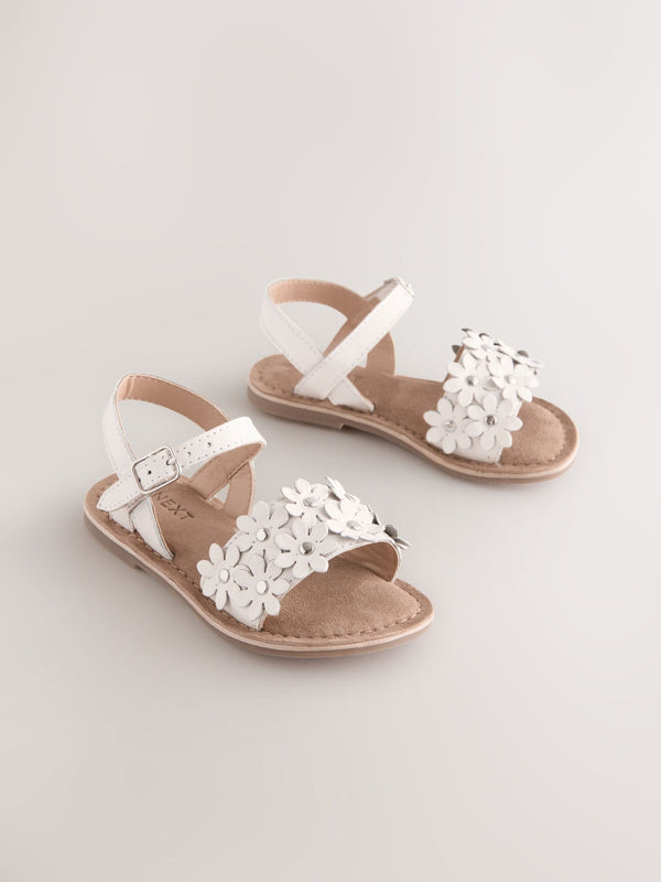 White Leather Flower Sandals