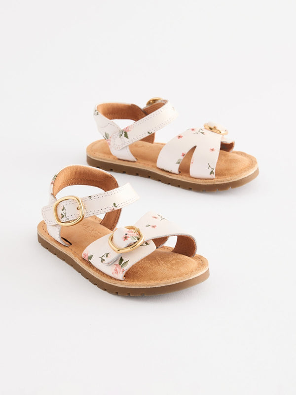 White Floral Leather Buckle Touch Fastening Sandals