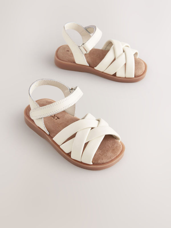 White Standard Fit (F) Leather Woven Sandals With Touch Fastening