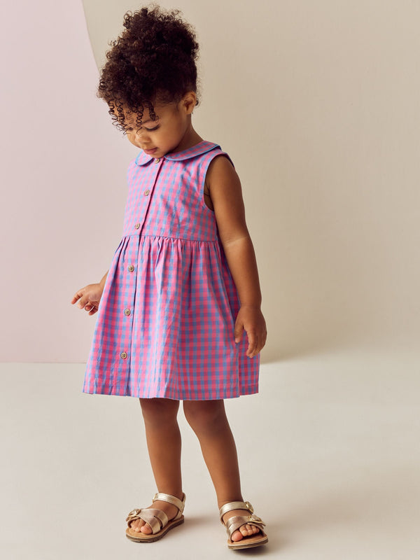 Pink/Purple Check Sleeveless Collar Summer Dress (3mths-10yrs)
