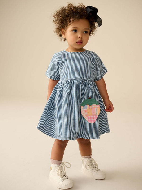 Blue/White Stripe 100% Cotton Denim Strawberry Pocket Dress (3mths-8yrs)