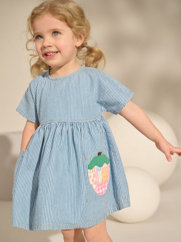 Blue/White Stripe Denim Strawberry Pocket Summer Dress (3mths-8yrs)