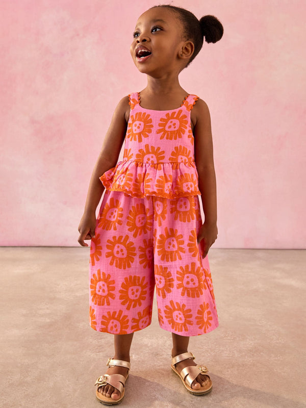 Bright Pink Floral 100% Cotton Printed Playsuit (3mths-7yrs)