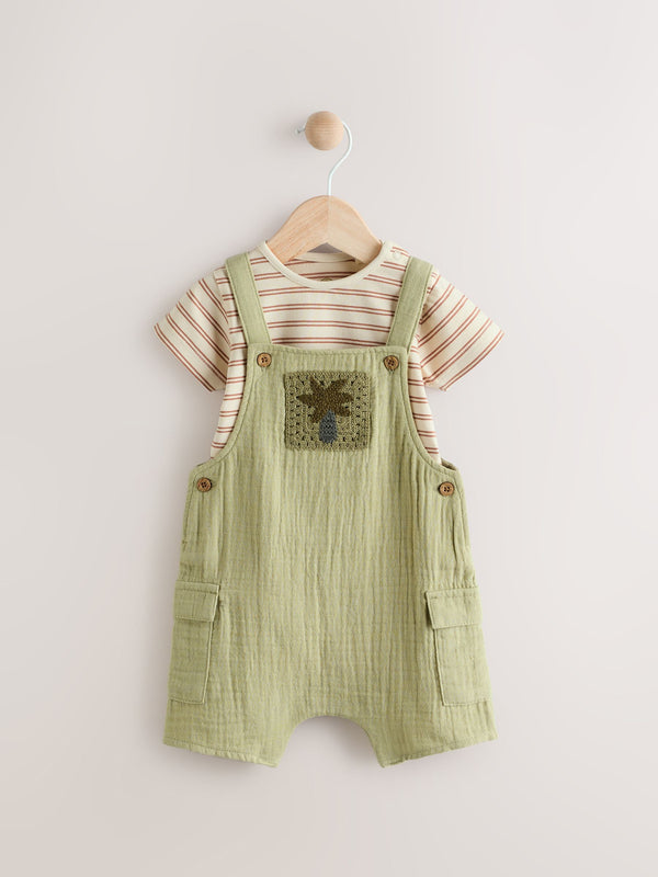 Green Palm Baby Woven Dungaree and Bodysuit Set immediate