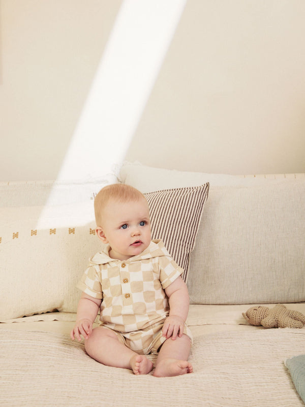Natural Checked Hooded Baby Romper