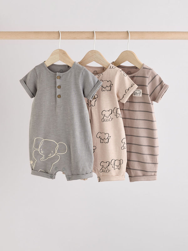 Neutral Elephant Baby 100% Cotton Rompers 3 Pack